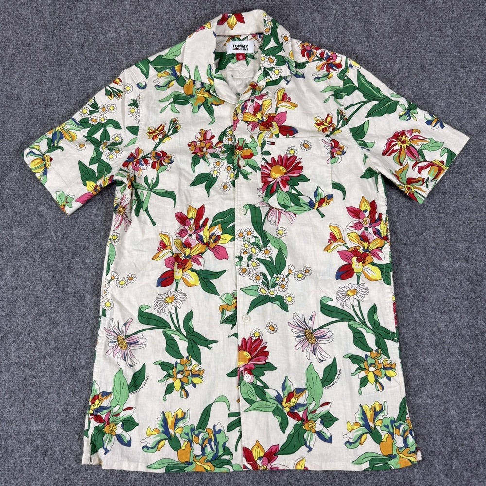 🌺 Tommy Jeans Shirt Mens XS Short Sleeve Floral Tropical Button Down Cream